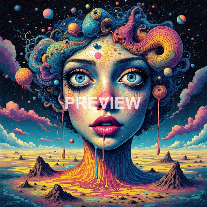 A surreal and colorful digital illustration of a woman's face with luminous blue eyes, intricate swirling patterns, and hair composed of various abstract shapes and tentacles, set against a cosmic background with planets, stars, and a landscape of mountains and flowing lava.